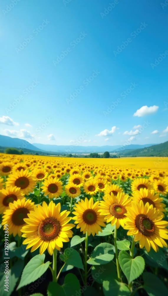 Obraz premium Yellow sunflower fields in a serene blue landscape, landscape, nature, blue