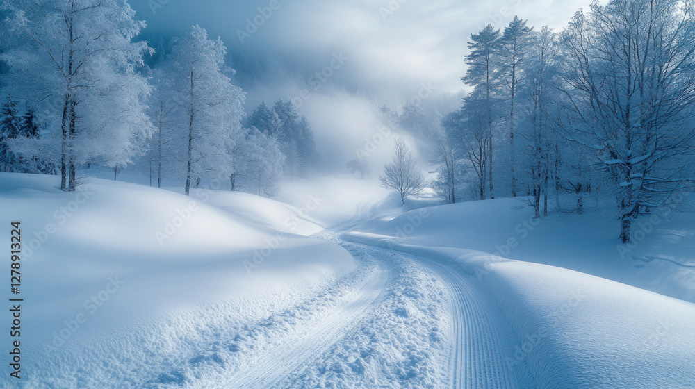 Blizzard sweeping through a snowy forest, with whiteout conditions and trees barely visible Blizzard sweeping through a snowy forest, with whiteout conditions and trees barely visible