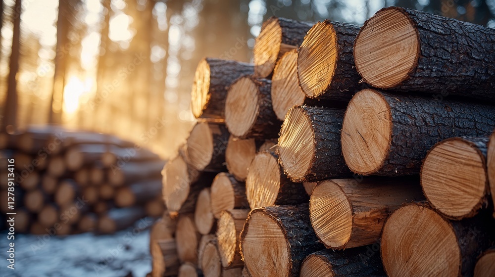 Golden Hour Sunlight Illuminates Stacked Logs Forest Clearing Photography Tranquil Atmosphere Close-Up Natural Beauty Golden Hour Sunlight Illuminates Stacked Logs Forest Clearing Photography Tranquil Atmosphere Close-Up Natural Beauty