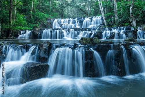 Panoramic beautiful deep forest waterfall in Thailand. nature background.