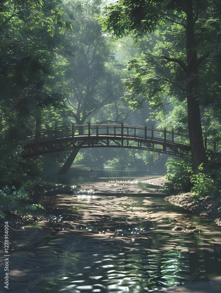 Bridge over the Water in the Lush Forest. Greenery Tranquil Pathway Bridge over the Water in the Lush Forest. Greenery Tranquil Pathway