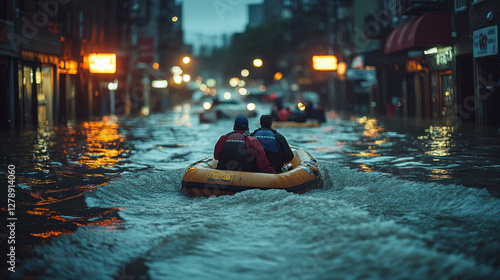 Fototapeta Naklejka Na Ścianę i Meble -  Flooded city streets with people navigating in small boats under a dark, stormy sky