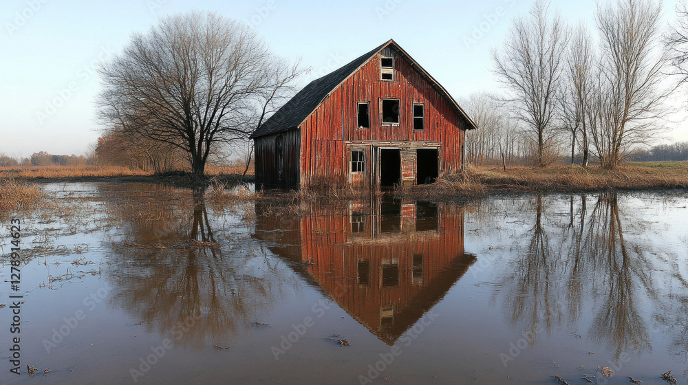 Floodwaters encroaching on a rustic barn, with the building reflected in the murky surface Floodwaters encroaching on a rustic barn, with the building reflected in the murky surface