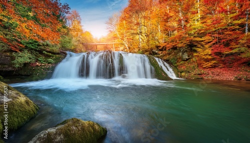 amazing in nature beautiful waterfall at colorful autumn forest in fall season