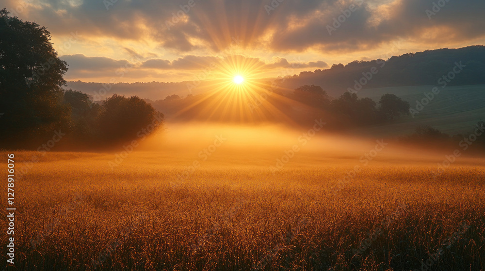 Golden sunlight breaking through early morning fog, illuminating a peaceful countryside Golden sunlight breaking through early morning fog, illuminating a peaceful countryside