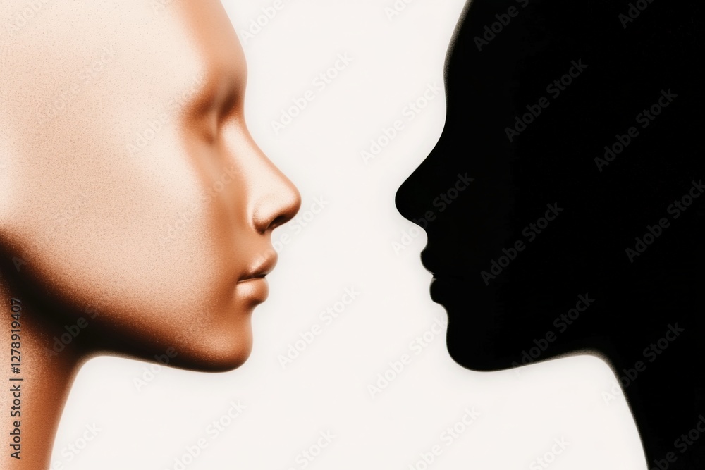 Abstract dual-faced silhouette art with contrasting light and shadow Abstract dual-faced silhouette art with contrasting light and shadow
