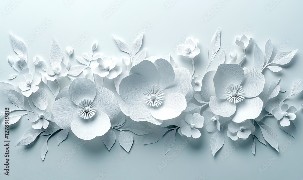 Delicate Paper Cut Decor with Blooming White Flowers on Light Background - Abstract Handmade Floral Art Composition Delicate Paper Cut Decor with Blooming White Flowers on Light Background - Abstract Handmade Floral Art Composition