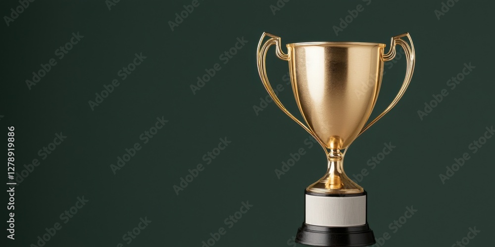 Celebration of achievement golden trophy displayed against dark green backdrop Celebration of achievement golden trophy displayed against dark green backdrop