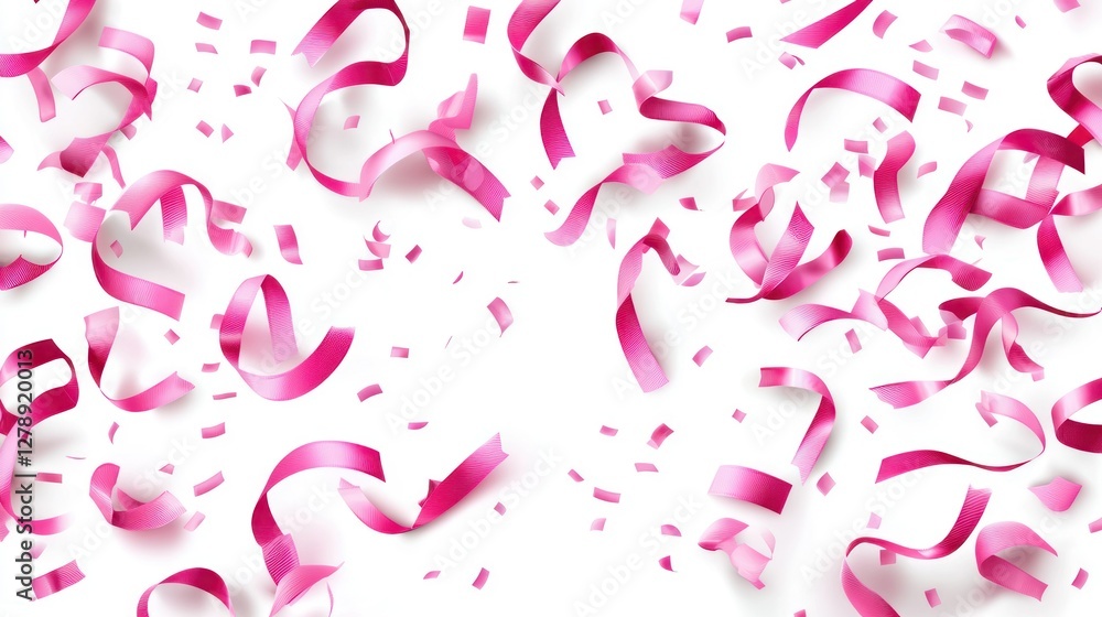 A group of pink ribbon vectors in varying sizes, scattered on a white background. A group of pink ribbon vectors in varying sizes, scattered on a white background.