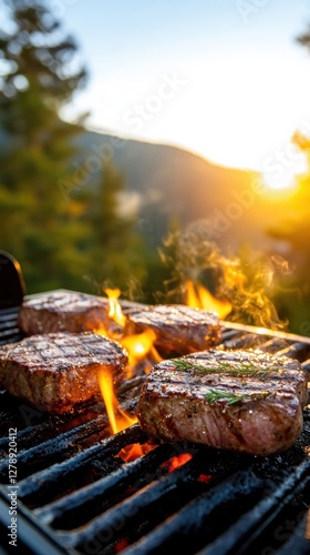 Grilling meat doneness standards for steaks at sunset outdoor cooking nature warm environment close-up culinary techniques