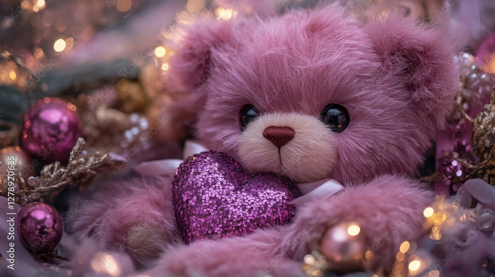 Fototapeta premium Pink Teddy Bear with Glittery Heart Amidst Festive Lights