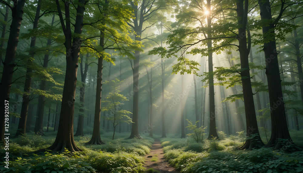 Fototapeta premium A Tranquil Forest with Sunlight Filtering Through Trees