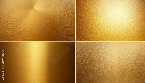 Gold foil texture background set. Vector golden, copper, brass and metal gradient template.