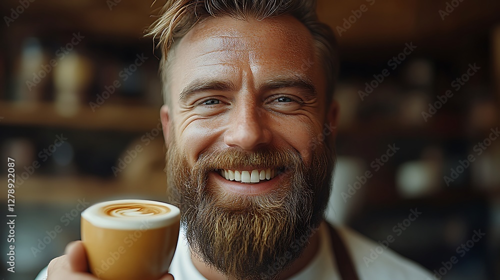 Friendly barista holding a cup of cappuccino with a warm smile Friendly barista holding a cup of cappuccino with a warm smile
