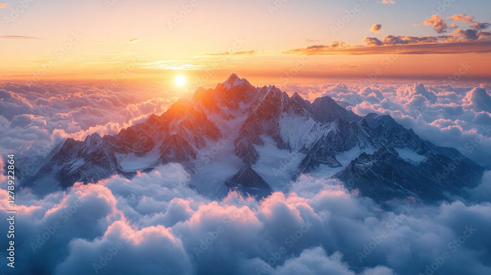 Mountain peaks piercing through low-hanging clouds, illuminated by golden hour light