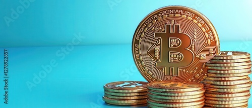 A Bitcoin logo made entirely out of stacked coins, symbolizing wealth and unity, 3D illustration photo