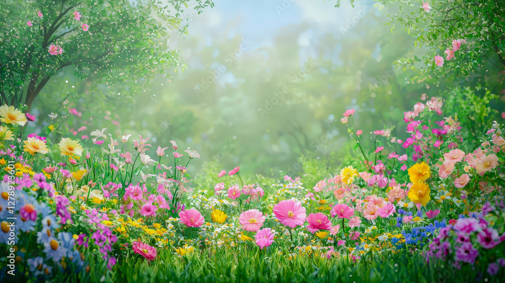 Obraz premium Lush garden filled with vibrant flowers blooming under soft sunlight in a serene landscape