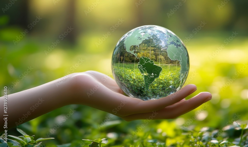 Global Net Zero Emissions Strategy: Hand Holding Digital Globe with Environmental Icons Representing CO2 Reduction, Climate Neutrality and Sustainable Global Net Zero Emissions Strategy: Hand Holding Digital Globe with Environmental Icons Representing CO2 Reduction, Climate Neutrality and Sustainable