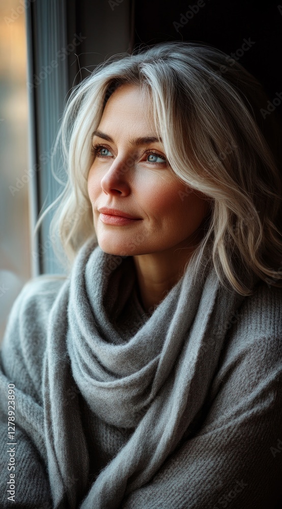 Fototapeta premium Pensive Woman in Grey Sweater and Scarf Looking Contemplatively out Window in Natural Light