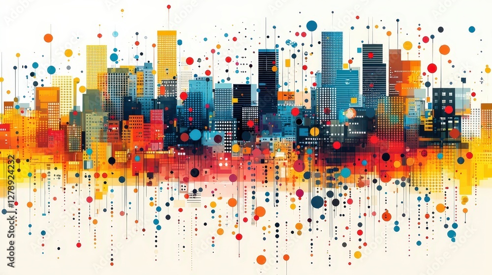 Vibrant Abstract Urban Skyline with Colorful Bubbles and Dots in Modern Artistic Style Vibrant Abstract Urban Skyline with Colorful Bubbles and Dots in Modern Artistic Style