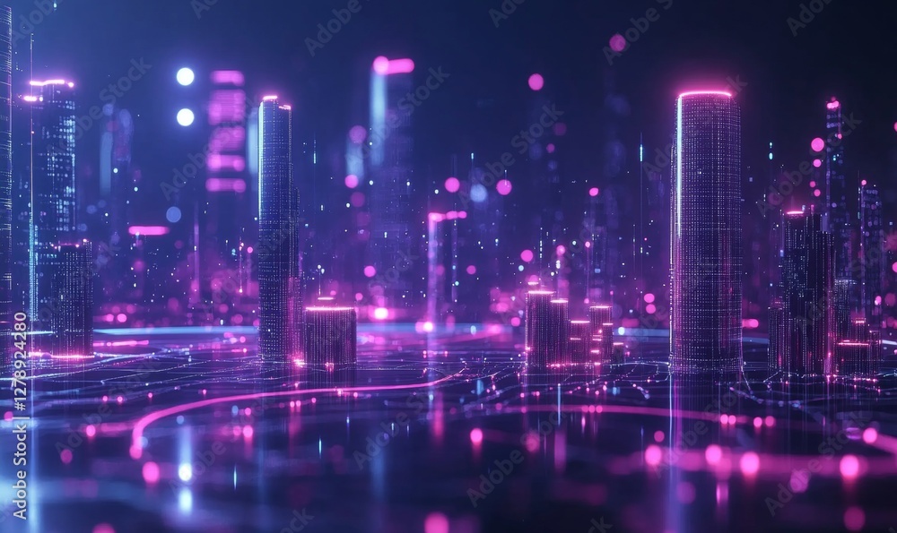 Fototapeta premium Futuristic Interface Concept: Interactive IoT Network, Digital Software, Big Data Visualization, Night-time Technology Innovation