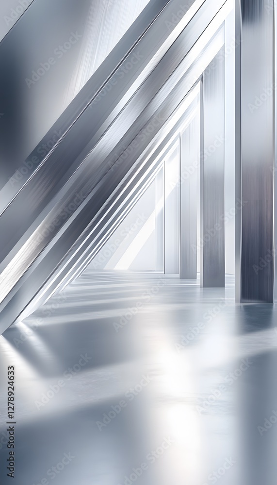 An abstract architectural corridor with metallic structures and bright light An abstract architectural corridor with metallic structures and bright light