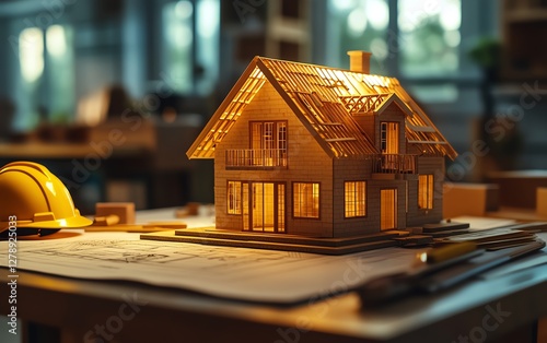 Topdown view of a construction planning table, showcasing a house blueprint, a scaleddown country house model, and a yellow hard hat, professional lighting, hyperrealistic, 8K UHD photo