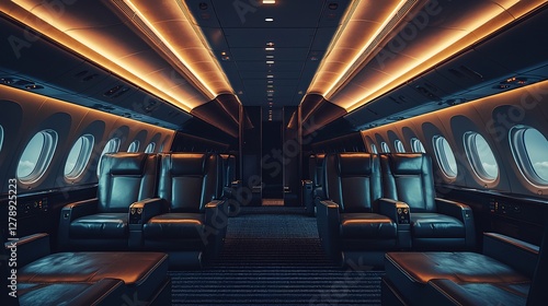 Luxurious private jet cabin interior with dark leather seats and warm lighting.