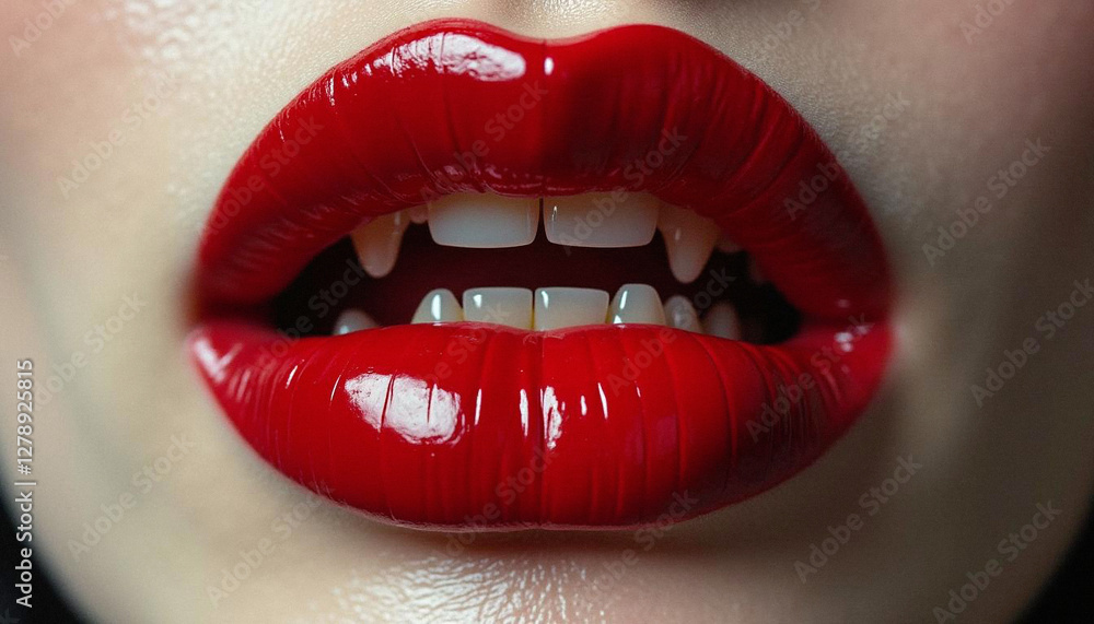 Fototapeta premium Sexy red female lips revealing vampire fangs.