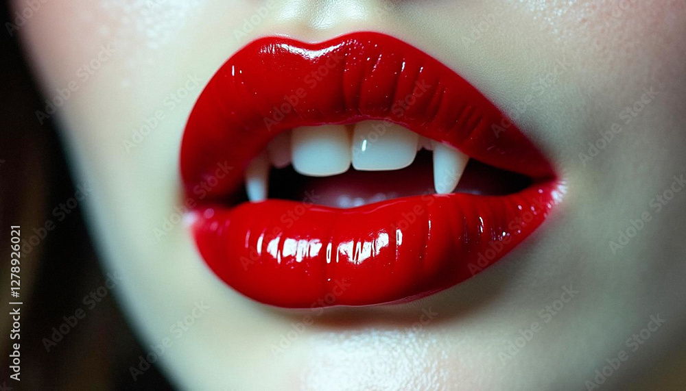 Fototapeta premium Sexy red female lips revealing vampire fangs.