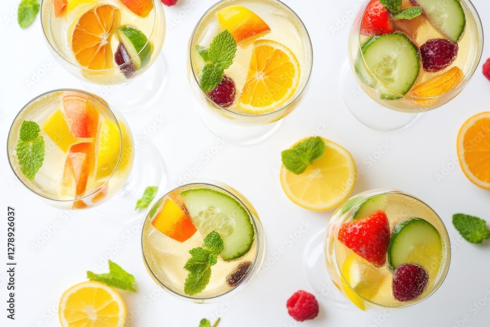 Refreshing white sangria served in elegant glasses with fresh fruits and herbs on a bright backdrop Refreshing white sangria served in elegant glasses with fresh fruits and herbs on a bright backdrop