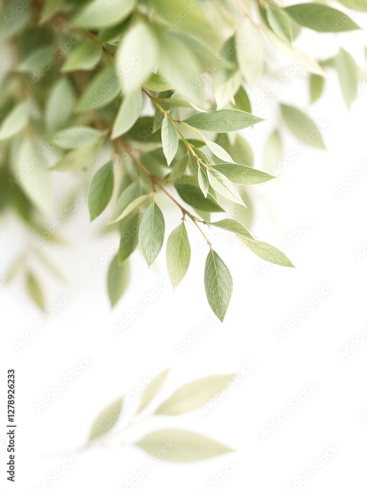 Obraz premium A watercolor-style soft background with delicate, blurred green leaves gently fading into the white space. The composition is light and airy, perfect for an elegant and artistic design