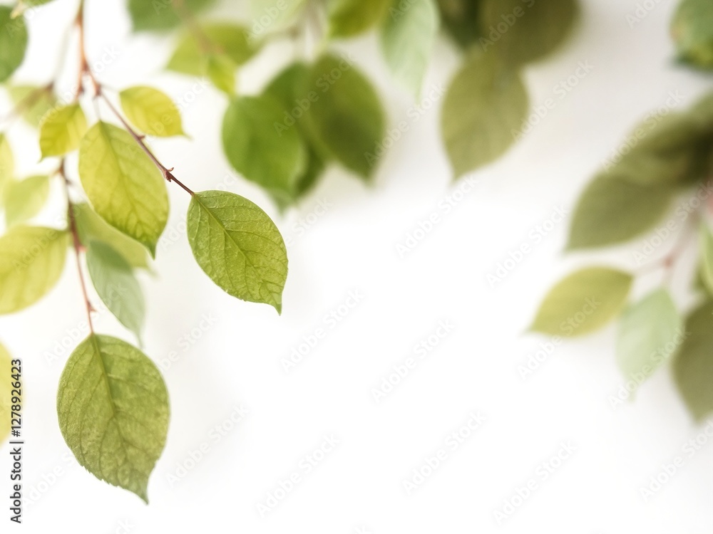 A watercolor-style soft background with delicate, blurred green leaves gently fading into the white space. The composition is light and airy, perfect for an elegant and artistic design