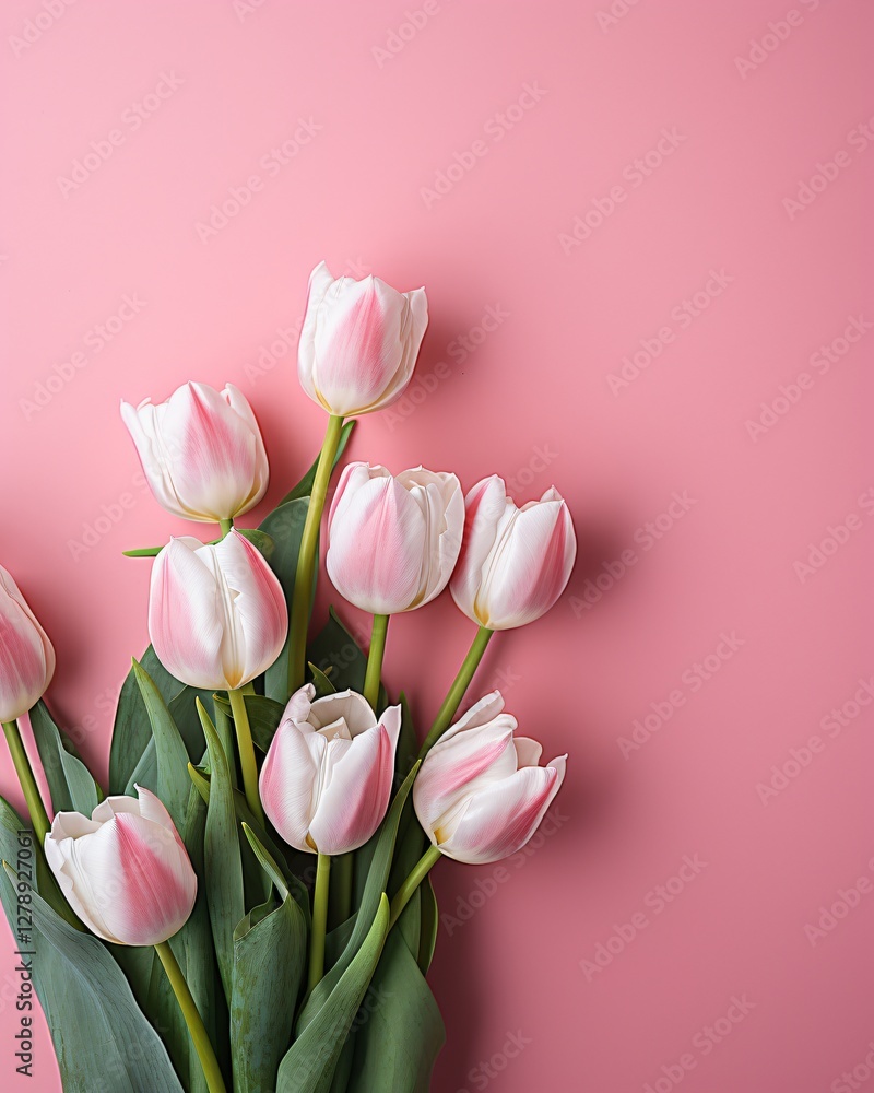 Naklejka premium Tulips on pink table flat lay with copy space