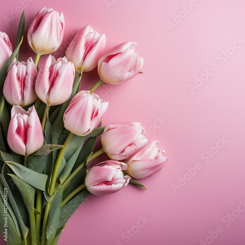 Tulips on pink table flat lay with copy space