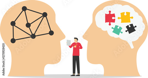 211Personality differences and individual thinking styles man and woman. Mental mindset variation in social community with different emotions, behavior. Flat vector illustration.

