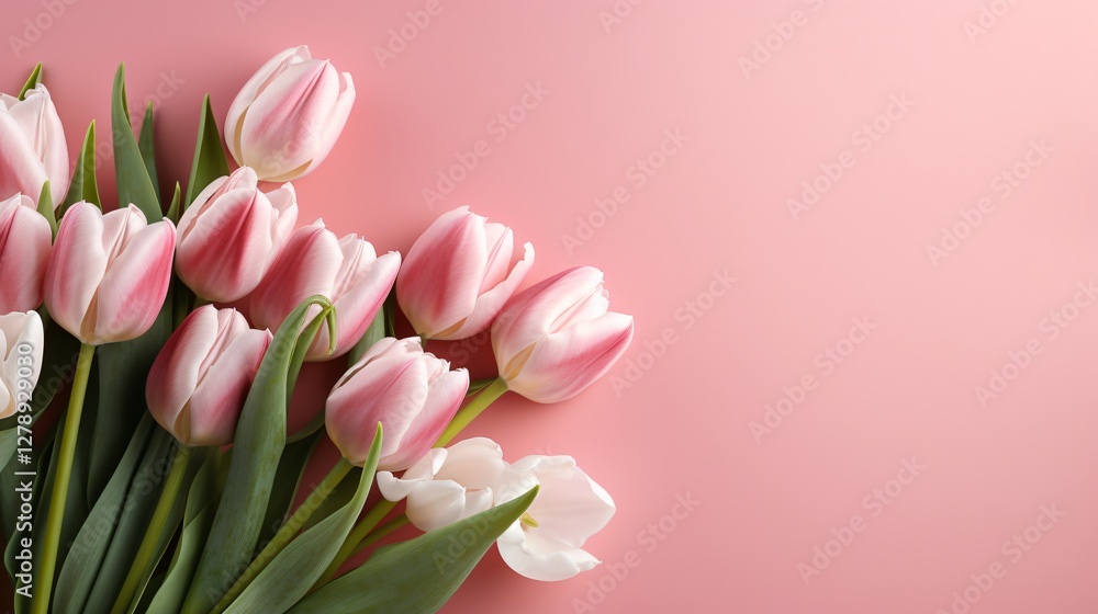 top view of pink greeting card with tulips top view of pink greeting card with tulips