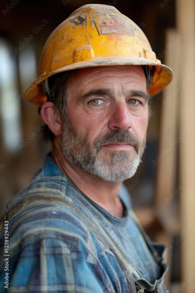 Builder wearing hard hat engaged in construction work at a site with wooden framework Builder wearing hard hat engaged in construction work at a site with wooden framework