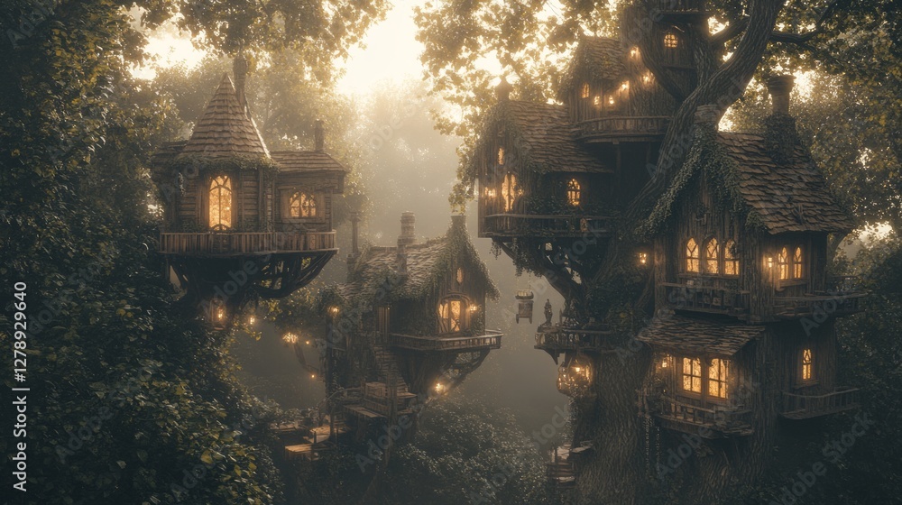 Enchanted Treehouse Village In A Mystical Forest, Glowing Windows. Fantasy Architecture With Lights Nestled Among The Trees. Enchanted Treehouse Village In A Mystical Forest, Glowing Windows. Fantasy Architecture With Lights Nestled Among The Trees.