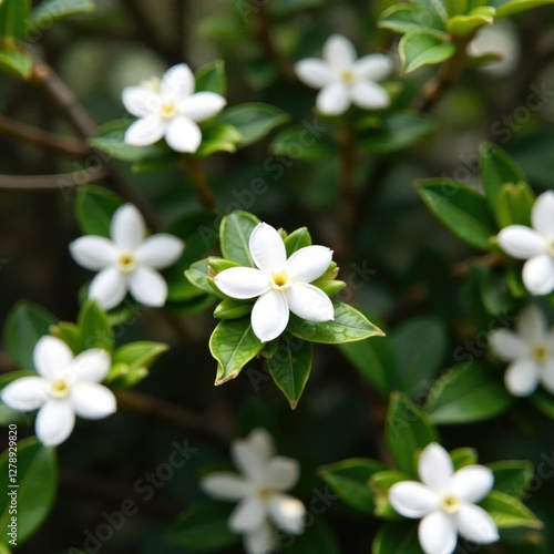 Dainty jasmine blooms amidst dense foliage and stems, jasmine, nature, flowers