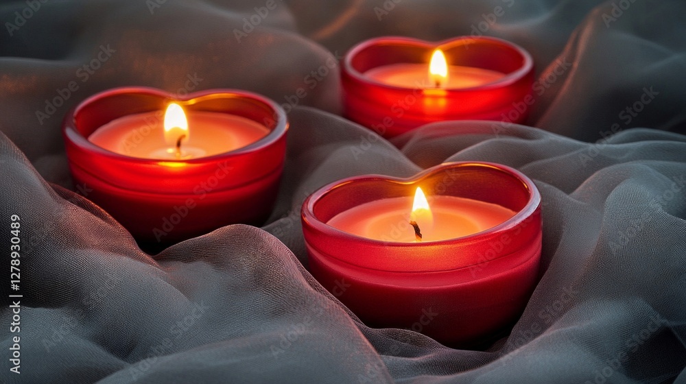 Three heart-shaped candles glowing softly on gray fabric Three heart-shaped candles glowing softly on gray fabric