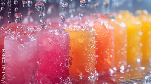 Refreshing ice cubes with water droplets splashing around them set against a colorful background enhancing the refreshing feel photo