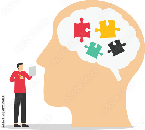 Head silhouette with puzzle pieces. Personality differences and individual thinking styles. Social community with different emotions, behavior. Flat vector illustration.
Head silhouette witzle pi