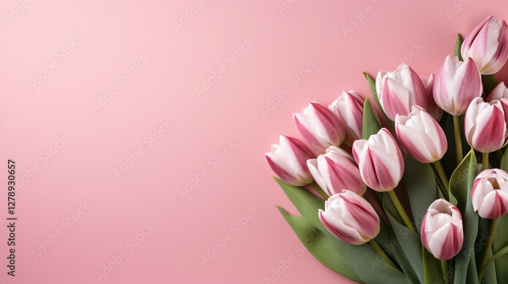 top view of pink greeting card with tulips top view of pink greeting card with tulips