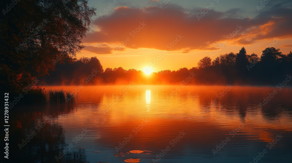 Sun rising over a peaceful lake, casting golden reflections on the water's surface Sun rising over a peaceful lake, casting golden reflections on the water's surface