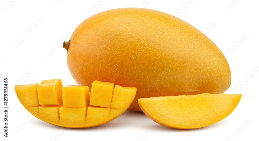 Ripe Yellow Mango with Slices on White Background for Food Content Ripe Yellow Mango with Slices on White Background for Food Content