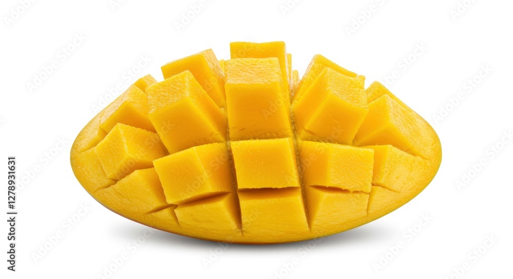 Fresh Mango Slice Cut Into Cubes Isolated on White Background Fresh Mango Slice Cut Into Cubes Isolated on White Background