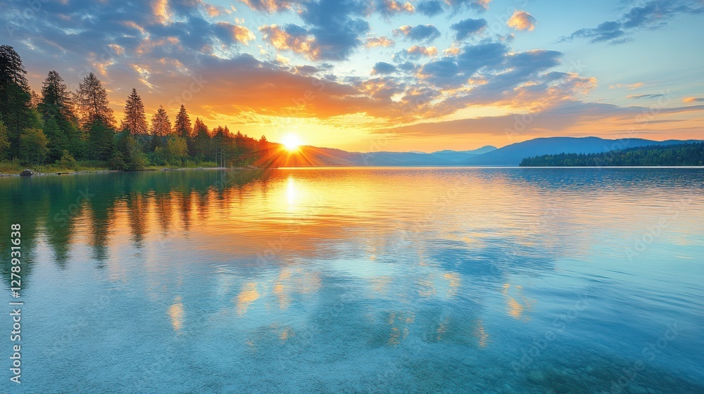 Obraz premium A serene aerial view of a tranquil lake, bathed in the warm hues of a stunning sunset, creating a picturesque and peaceful atmosphere.