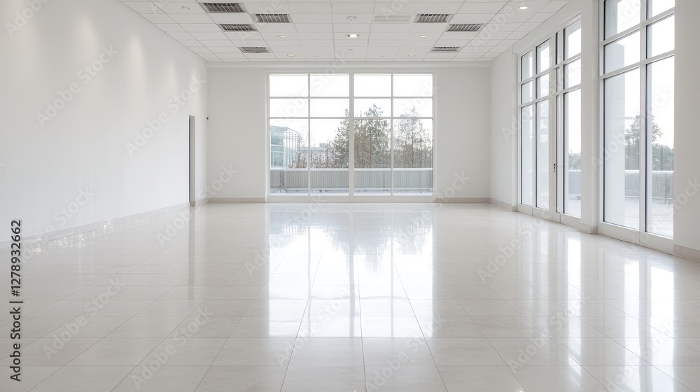 Fototapeta premium Empty modern office space with large windows, city view