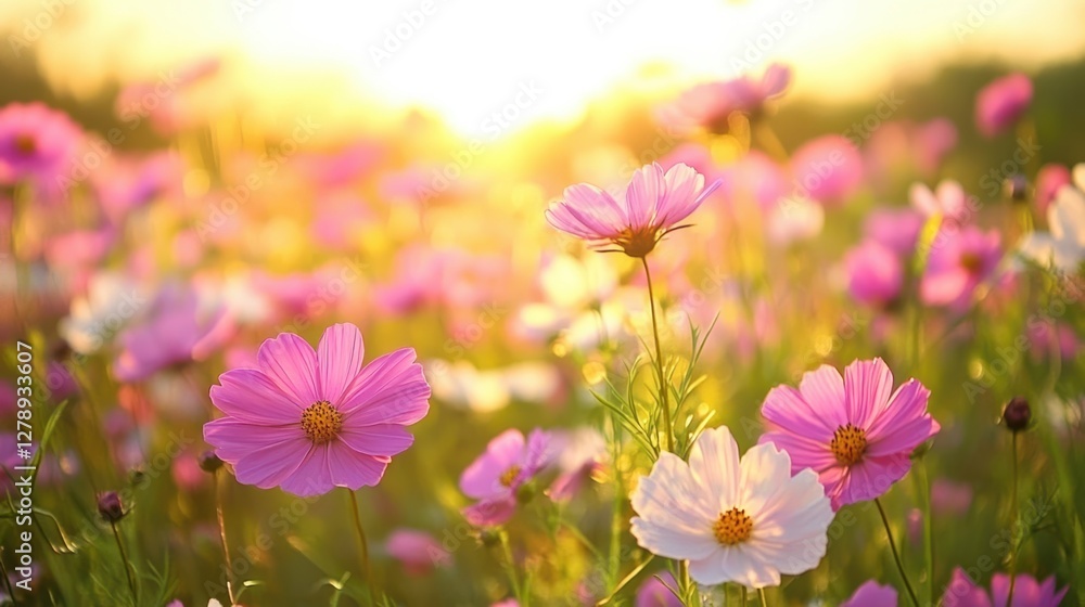 A vibrant field filled with pink flowers illuminated by the warm glow of a sunset, creating a serene and picturesque landscape. A vibrant field filled with pink flowers illuminated by the warm glow of a sunset, creating a serene and picturesque landscape.